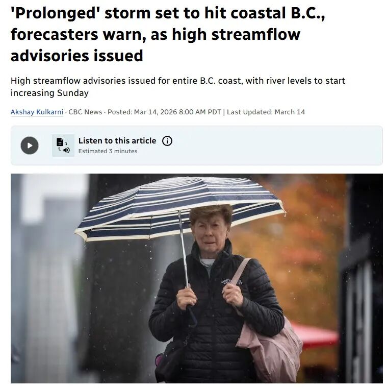 暴雨红色警报! 大气河直扑卑诗省, 温哥华岛降雨或破300毫米