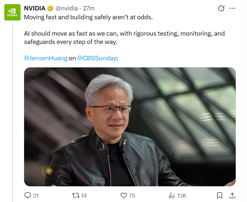 黄仁勋驳AI“末日论” 称2030年毁灭世界可能性为“0%”