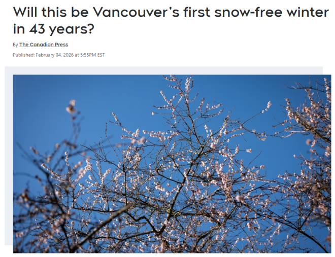 温哥华或迎43年首个“无雪冬天”，BC多地气温狂破百年纪录！