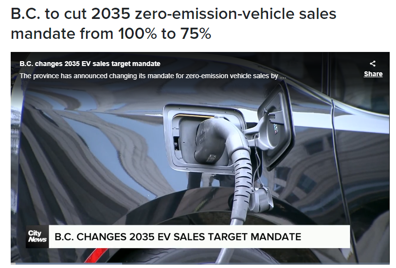 BC省电动车目标下调，2035年不再禁售燃油车，混动车强势反超!